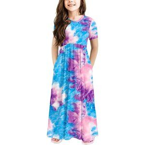 🆕Girls Tie Dye Dress Kids Short Sleeve Casual Loose Fit Maxi with Pockets